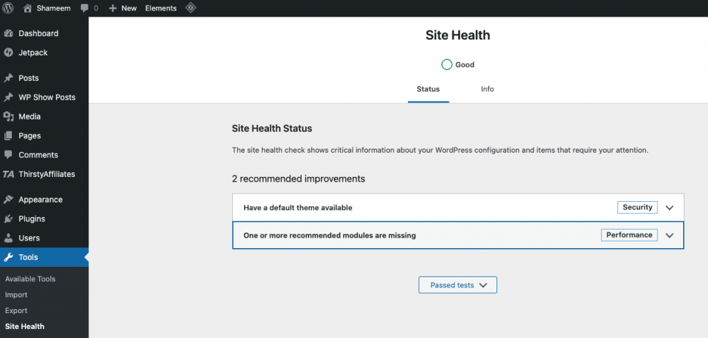 WordPress site Health Status